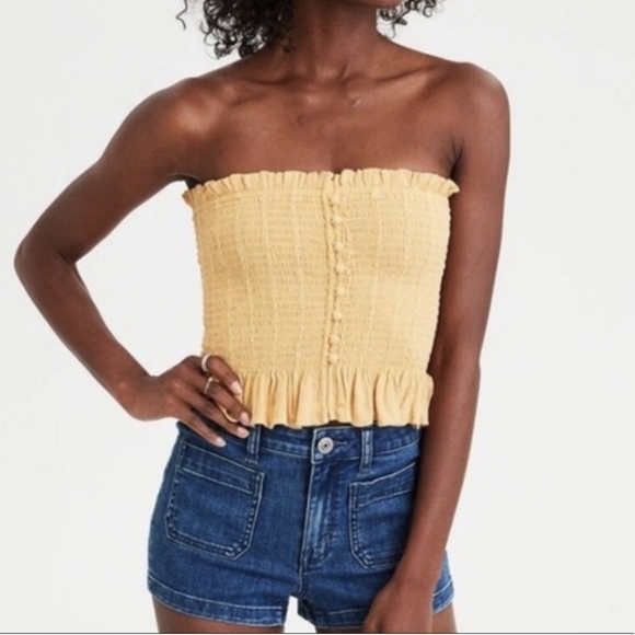 American Eagle Mustard Yellow Ruched Tube Top Medium - Picture 1 of 5